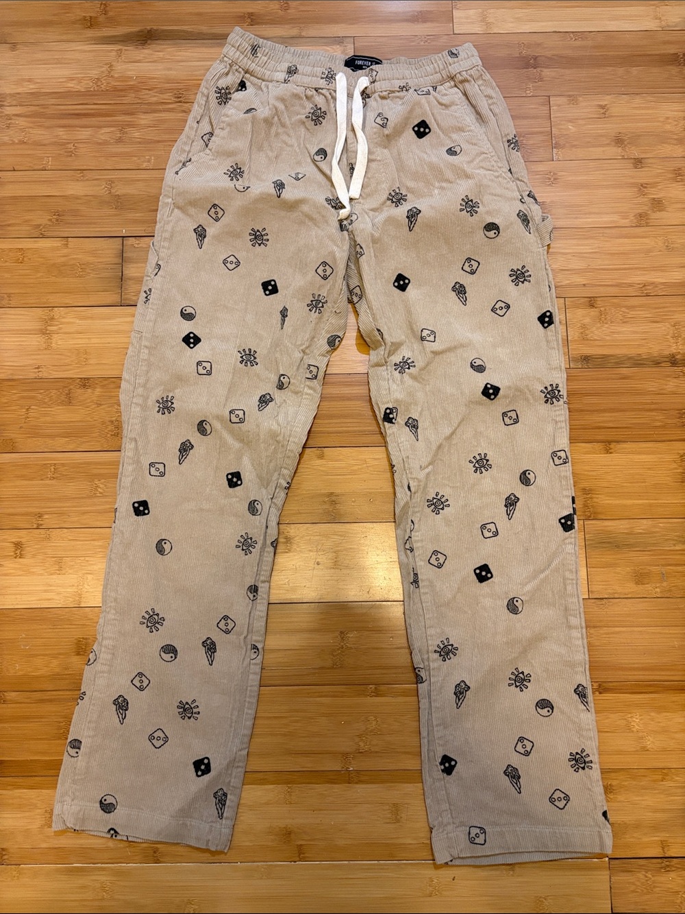 Forever 21 Beige Corduroy Drawstring Pants with Black Print Skater Pants